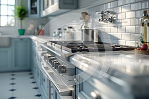 Clean and modern kitchen scene featuring stainless steel fixtures