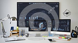Modern Office Workspace with Data Analysis and Charts on Multiple Monitors - AI generated.