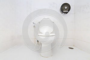 A clean modern toilet bowl and rising spray. White toilet bowl and tissue paper in a bathroom