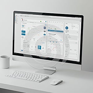 A clean, modern workspace features a sleek, large-screen computer displaying a