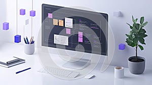 Modern Workspace with Workflow Diagram on Screen