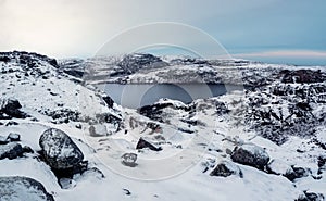 Clean mountain lake, panoramic winter view