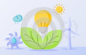 Clean nature energy light bulb leaf hydro power wind energy sun white isolated background with flat style