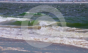 Clean ocean wave rolling curling lip crashing on shallow sandbars
