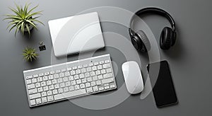 Modern Minimalist Workspace Flat Lay with Tech Gadgets