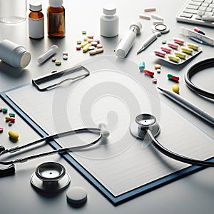 This is a clean and organized medical workspace with a stethoscope, clipboard, pills, and equipment on a white surface.