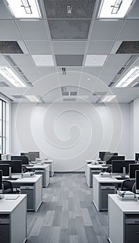Modern office interior with rows of empty desks and computers under bright fluorescent lighting