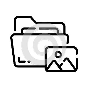 A clean outline icon of media folder interface