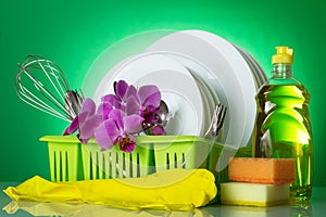 Clean plates and Cutlery in dryer, detergent, sponges and gloves, on green