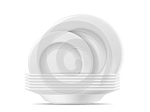 Clean plates. Food white plate set. Realistic stacked tableware after washing, kitchenware for home or cafe, promotion