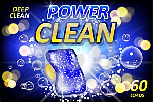 Clean poster design for advertising. Dishwashing tablet soap ads. Realistic Liquid detergent gel for dishwasher machine