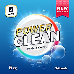 Clean power - soap and laundry detergent packaging. Washing powder product label vector illustration