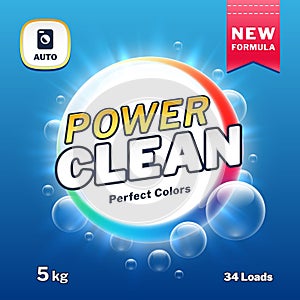 Clean power - soap and laundry detergent packaging. Washing powder product label vector illustration photo