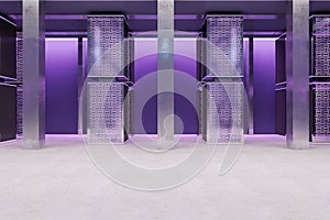 Clean purple server room interior. Database and technology concept.
