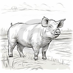 Clean And Sharp Inking: Pig Sketch In A Summer Field photo