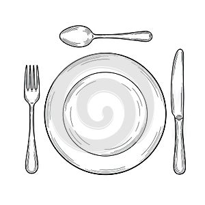 Hand-Drawn Plate with Utensils - Table Setting Sketch