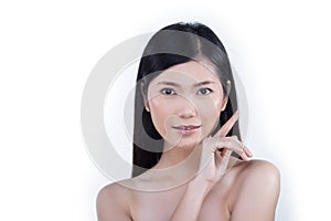 Clean Skin Woman straight black hair with Smooth pose open shoulder smile