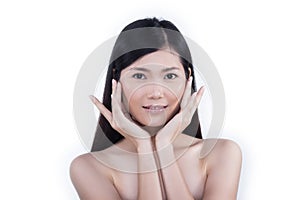 Clean Skin Woman straight black hair with Smooth pose open shoulder smile