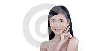 Clean Skin Woman straight black hair with Smooth pose open shoulder smile