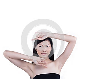 Clean Skin Woman straight black hair with Smooth pose open shoulder smile