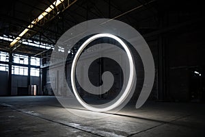 White neon glowing circle on dark interior