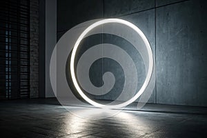 White neon glowing circle on dark interior
