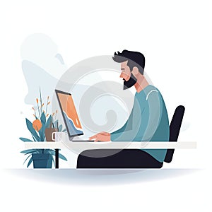 A clean and sleek graphic designer at a computer. Flat clean illustration style