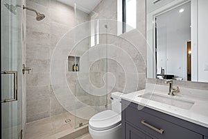 an interior view of a clean and spacious bathroom with grey cabinetry