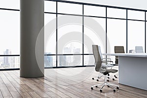 Clean spacious meeting room interior with chairs, wooden parquet flooring and panoramic window with city view. 3D Rendering