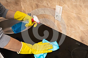 Clean with spray cleaner, rubber gloves and dishcloth