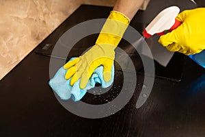 Clean with spray cleaner, rubber gloves and dishcloth