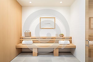 a clean steam room with inbuilt wooden seating