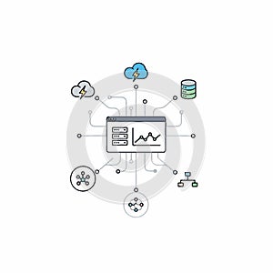 Cloud Computing Data Analytics Network Diagram with Server and Graph
