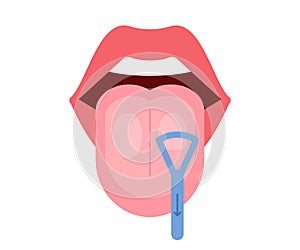 Clean tongue throat cleaner scraper in mouth. Tongue cleaning. Halitosis prevention. Vector illustration