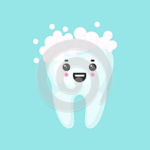 Clean tooth with a foam with emotional face, cute colorful vector icon illustration