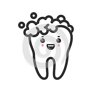 Clean tooth with a foam with emotional face, cute vector icon illustration