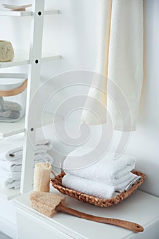 Clean towels and sponges on table