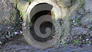 Clean transparent water flowing from concrete drainage pipe into a stream