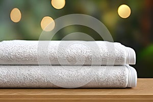 Clean two white color folded towel nice and tidy stack each other at the outdoor table for fitness, bath, swimming, massage and