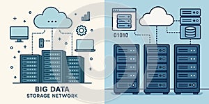 Illustration of Big Data Storage Network with Modern Servers and Cloud Computing