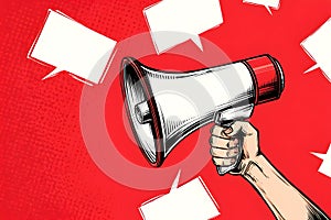 Clean vector of a loudspeaker (megaphone), modern graphic style, multiple empty rectangular boxes