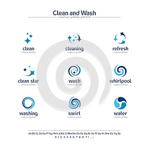 Clean and wash creative symbols set, font concept. Water refresh, laundry service abstract business logo. Swirl, shine