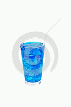 Clean water dark blue nectar sweet in a glass with ice drinking with straw isolated on white background.