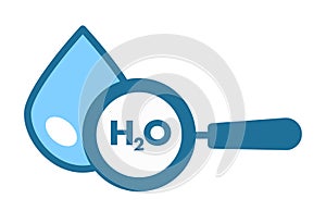 H2O clean water, drop and magnifier isolated icon