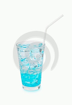 Clean water light blue nectar sweet in a glass with ice drinking with a straw isolated on white background.