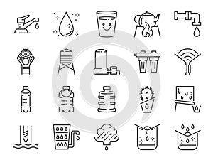 Clean water line icon set. Included icons as drink, drinkable, filter, purifiers, moisture and more.