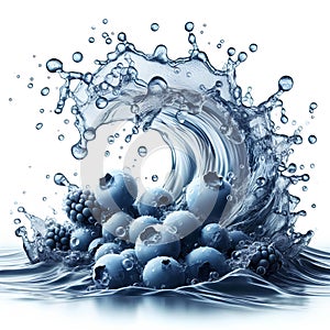 Clean water splash with grappe, berries and splatters in water wave isolated on white background