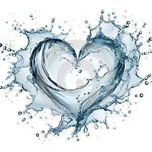 Clean water splash heart shape and splatters in water wave isolated on white background