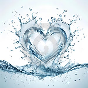 Clean water splash heart shape and splatters in water wave isolated on white background