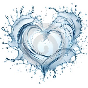 Clean water splash heart shape and splatters in water wave isolated on white background